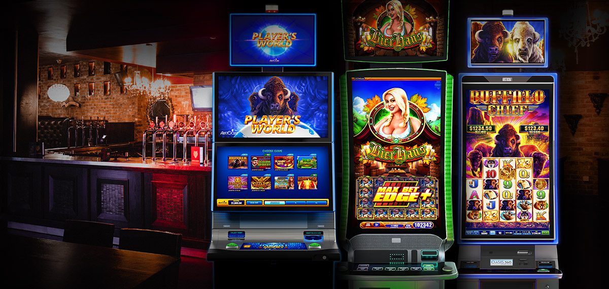 slot machines in front of a bar