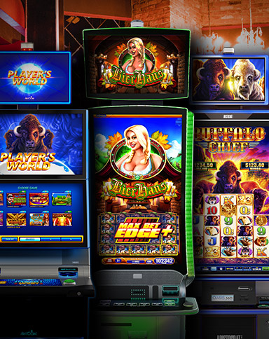 slot machines in front of a bar